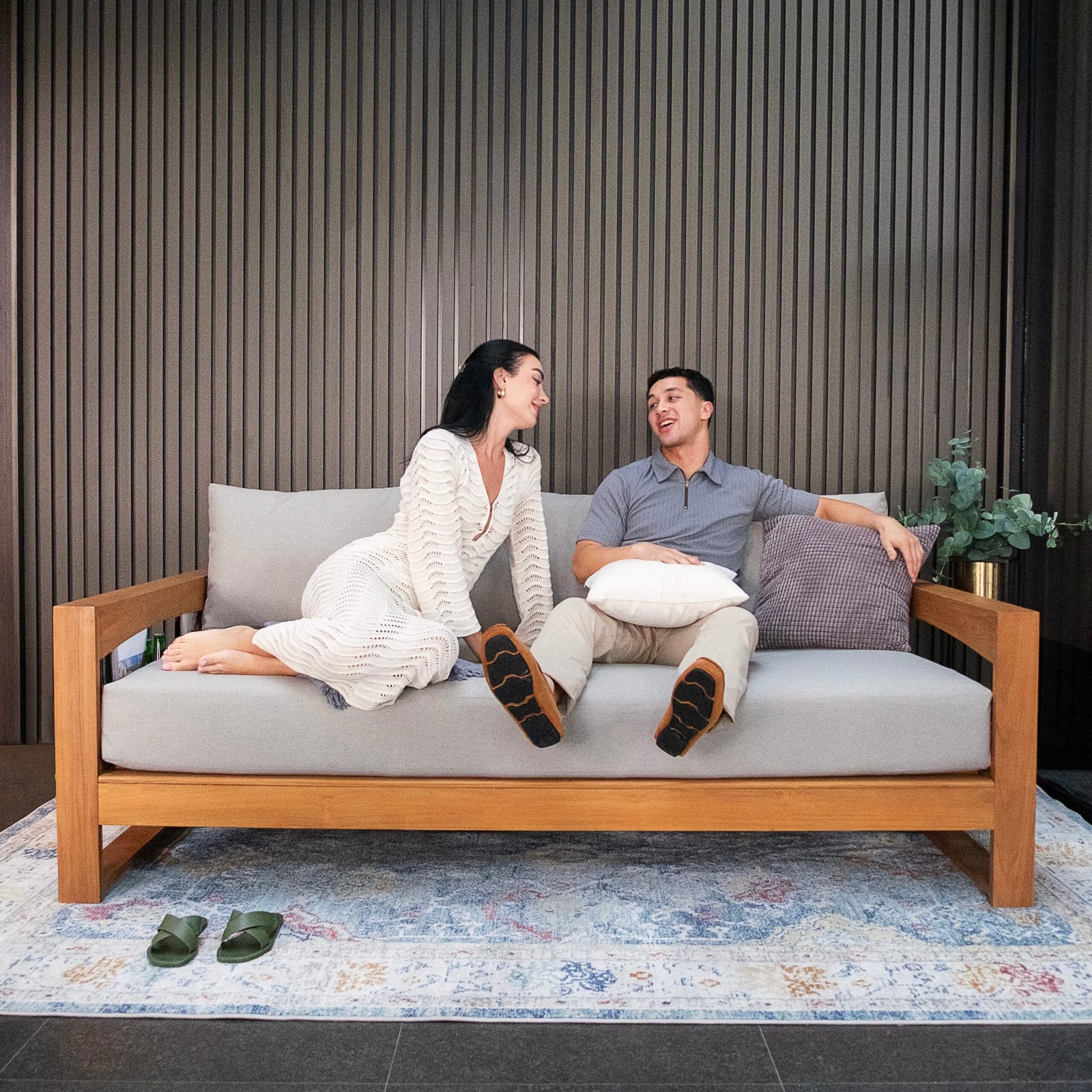 Napa Teak Wood Patio Sofa Daybed with Oyster Cushion - Image 2