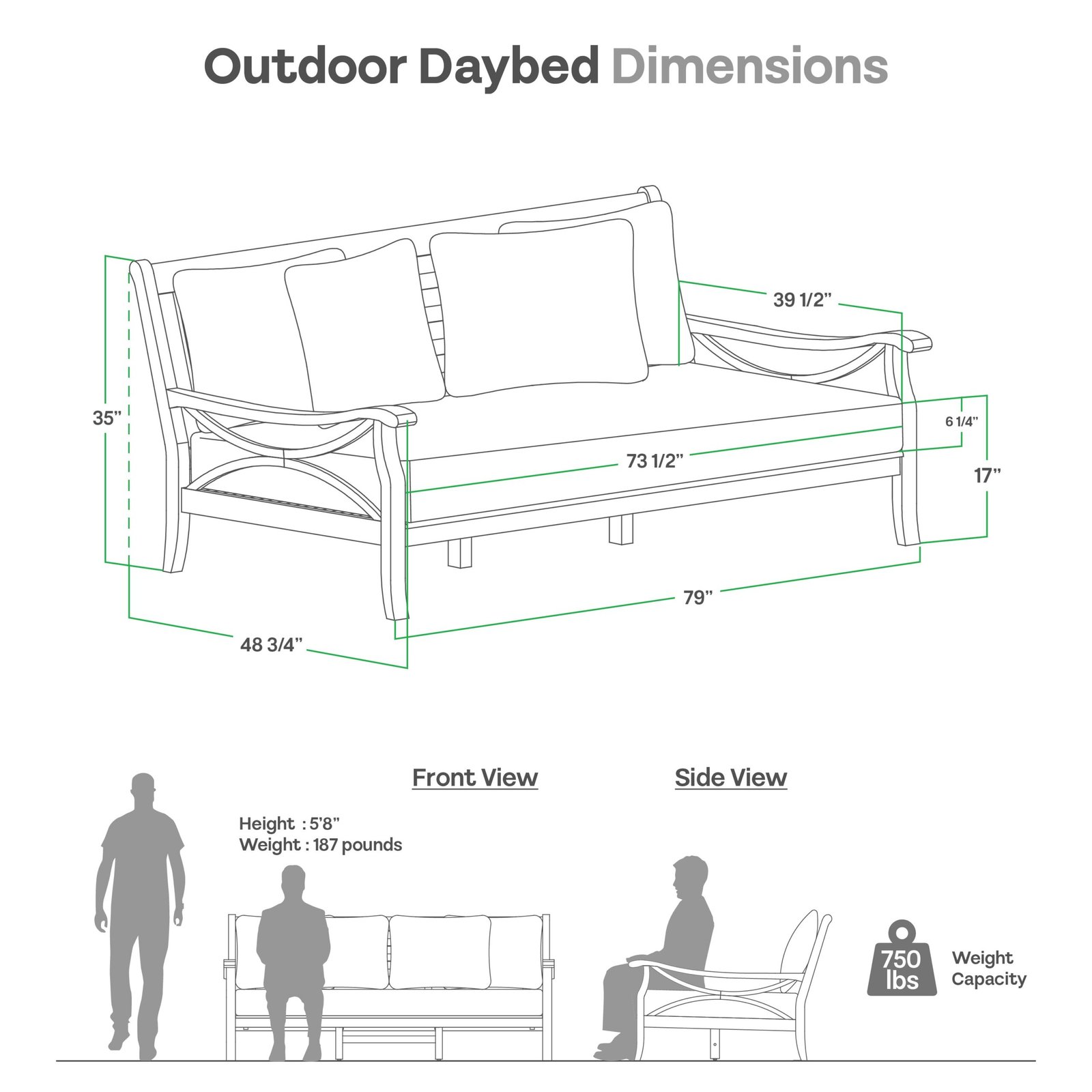 Abbington Teak Wood Patio Sofa Daybed with Navy Cushion - Image 10