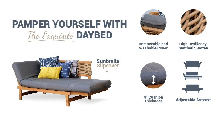 teak wicker outdoor convertible sofa daybed with Sunbrella cushion