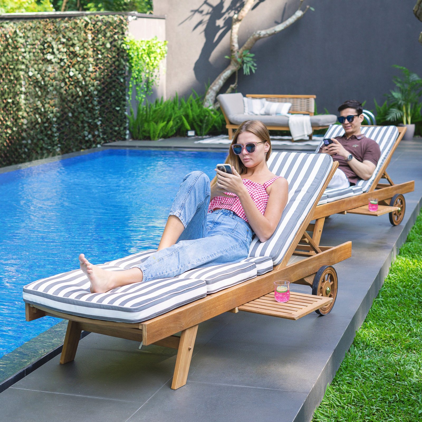 Richmond Teak Wood Outdoor Chaise Lounge with Charcoal Stripe Cushion - Image 3