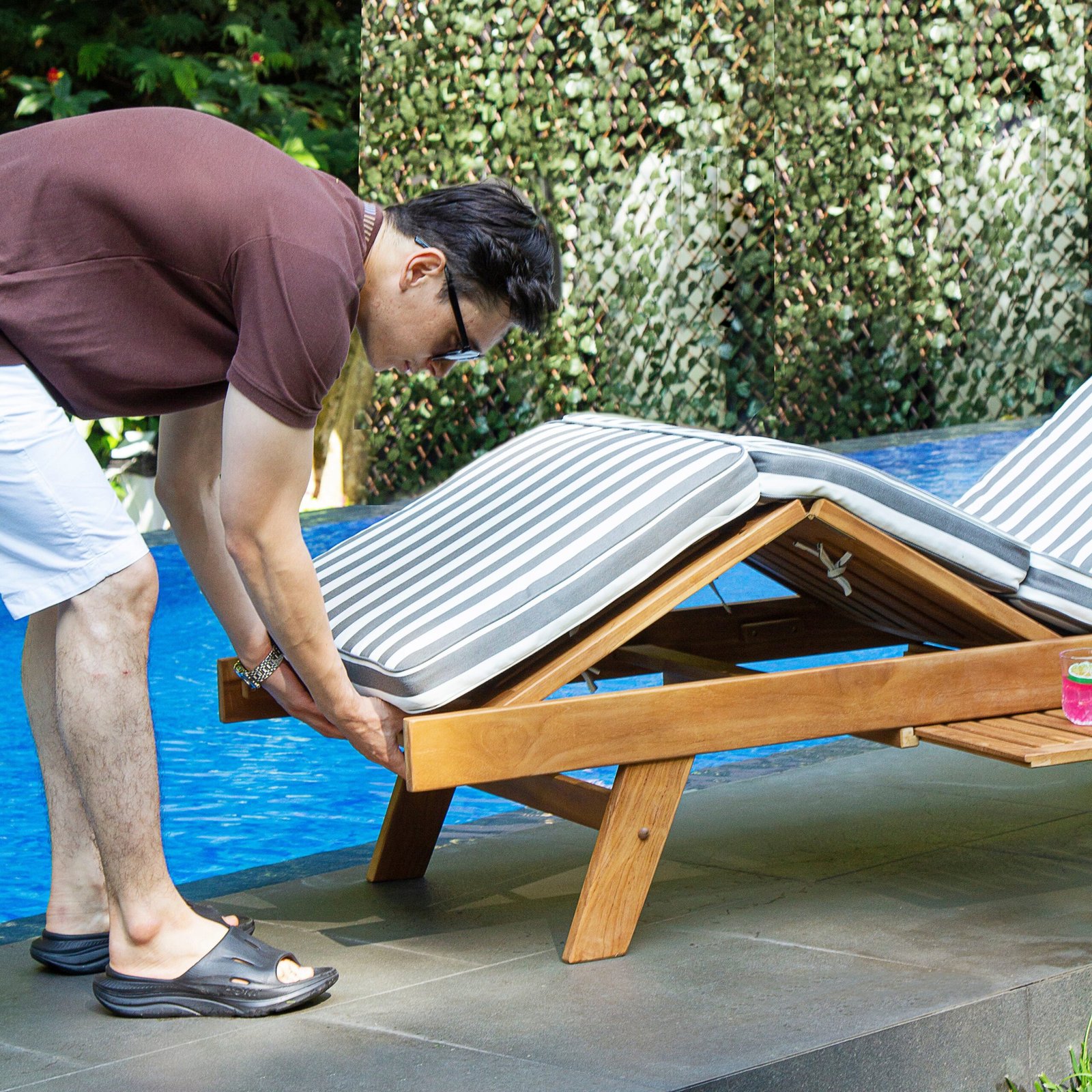 Richmond Teak Wood Outdoor Chaise Lounge with Charcoal Stripe Cushion - Image 8