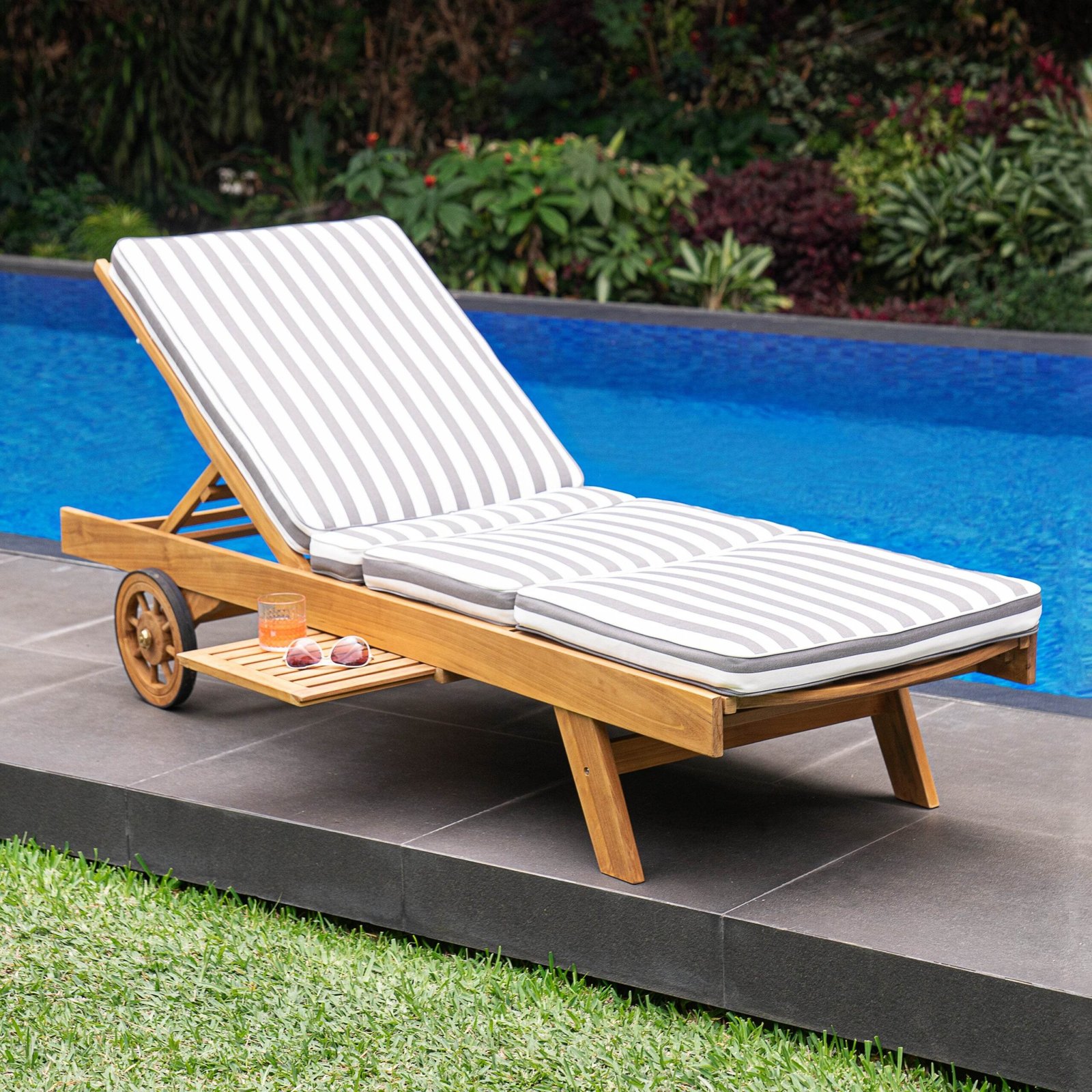 Richmond Teak Wood Outdoor Chaise Lounge with Charcoal Stripe Cushion - Image 6