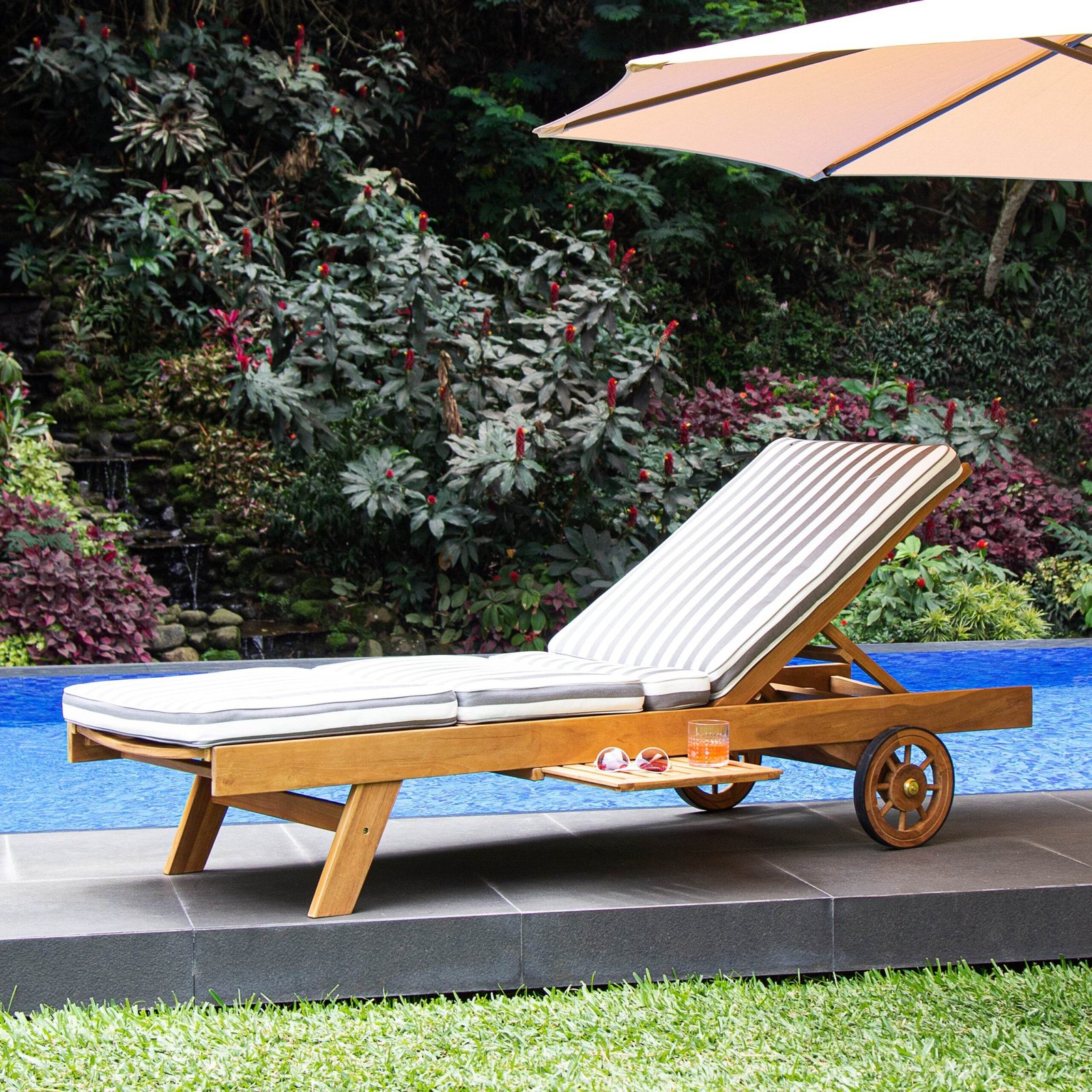 Richmond Teak Wood Outdoor Chaise Lounge with Charcoal Stripe Cushion - Image 2