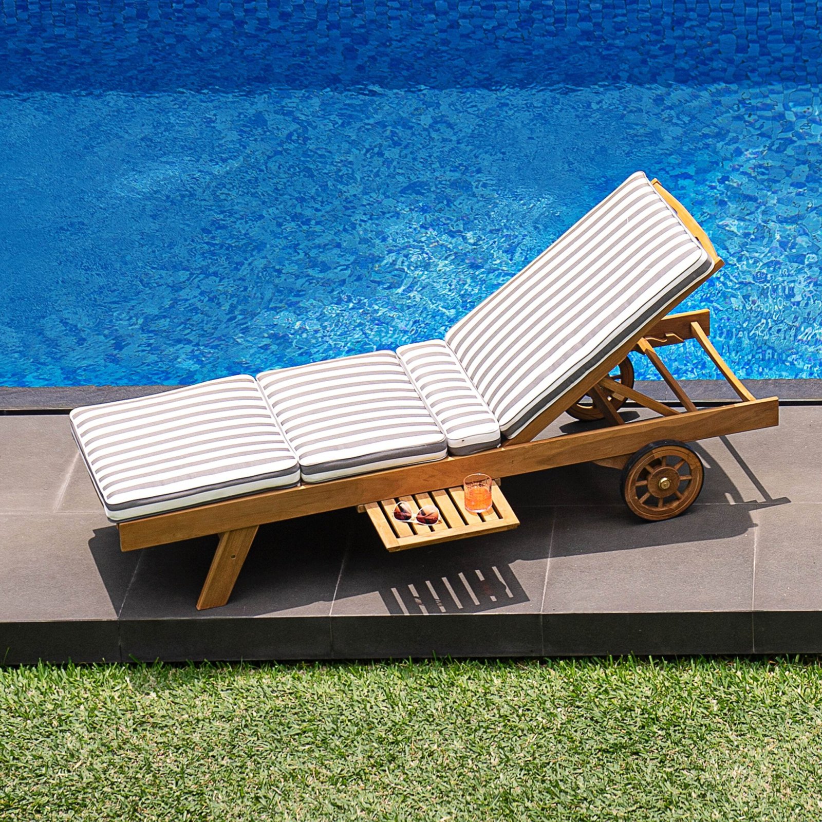 Richmond Teak Wood Outdoor Chaise Lounge with Charcoal Stripe Cushion - Image 7