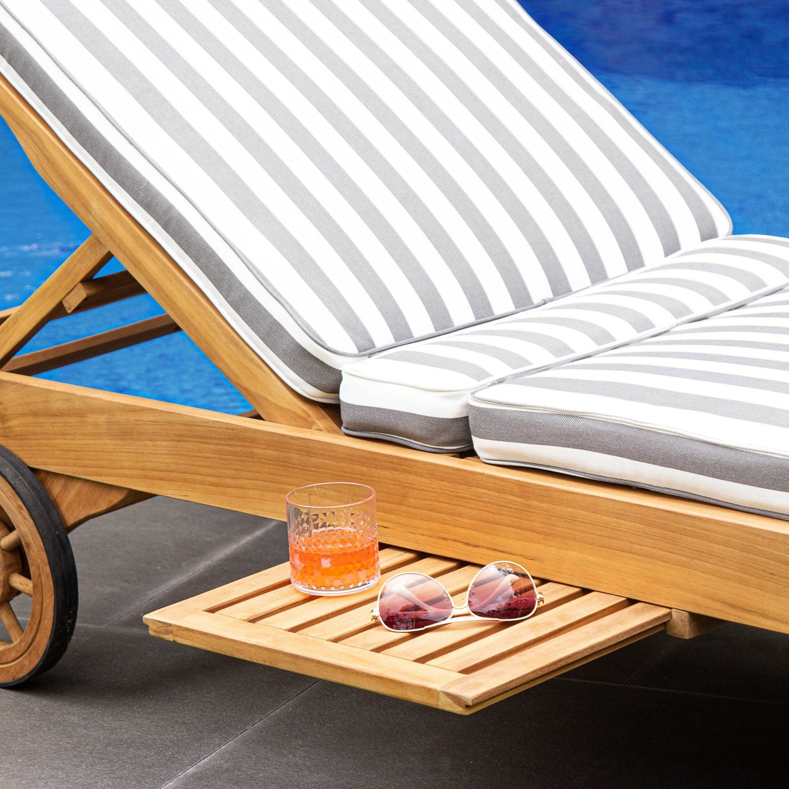 Richmond Teak Wood Outdoor Chaise Lounge with Charcoal Stripe Cushion - Image 9