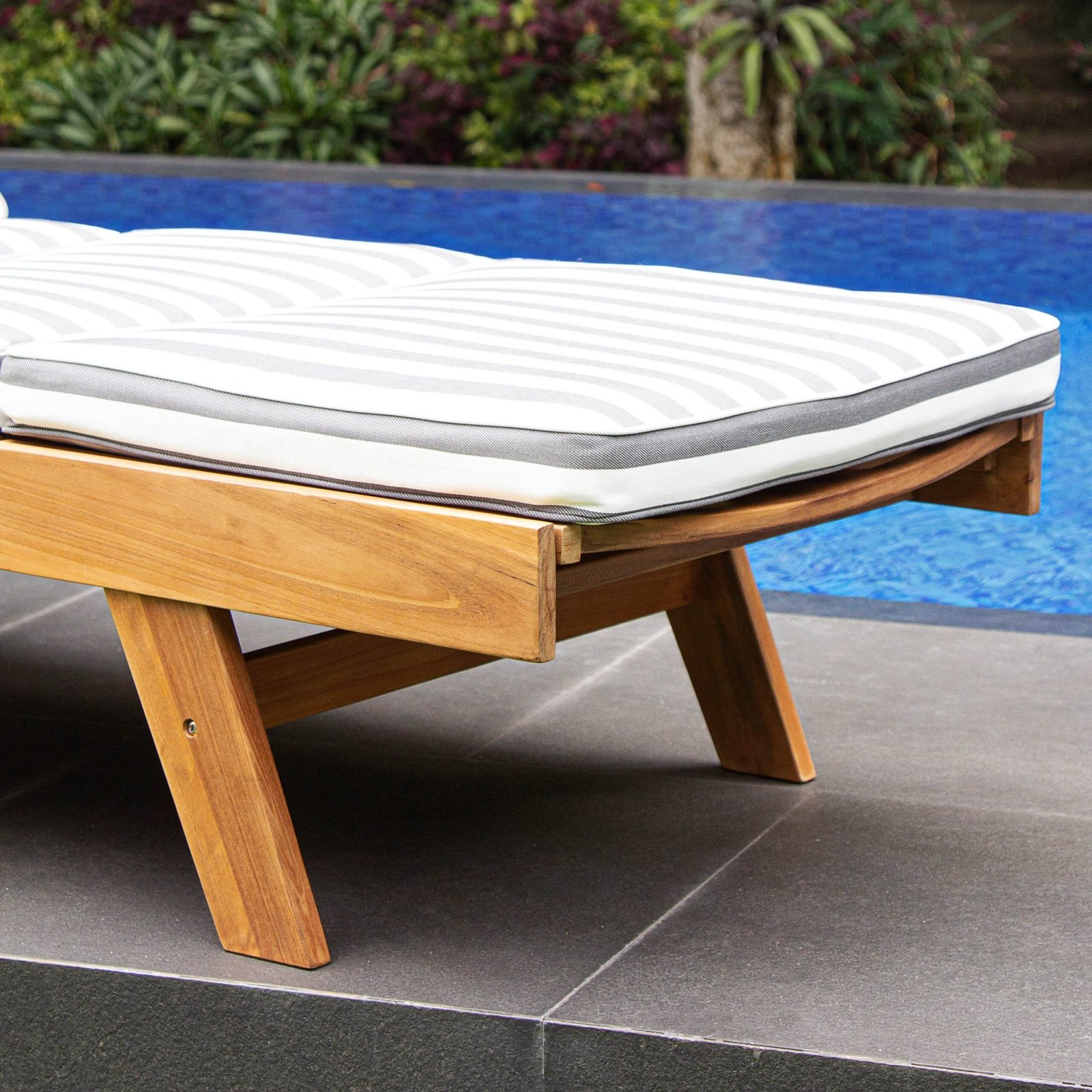 Richmond Teak Wood Outdoor Chaise Lounge with Charcoal Stripe Cushion - Image 10