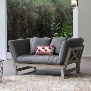 Carlota Mahogany Wood Outdoor Convertible Sofa Daybed with Gray Cushion