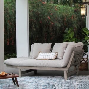 Carlota Mahogany Wood Outdoor Convertible Sofa Daybed with Oyster Cushion