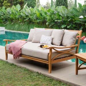 Abbington Teak Wood Patio Sofa Daybed with Beige Cushion