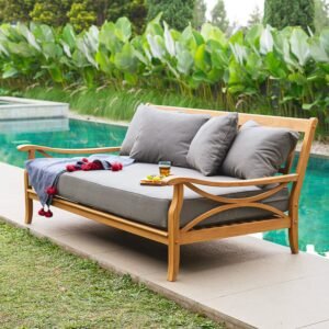 Abbington Teak Wood Patio Sofa Daybed with Gray Cushion