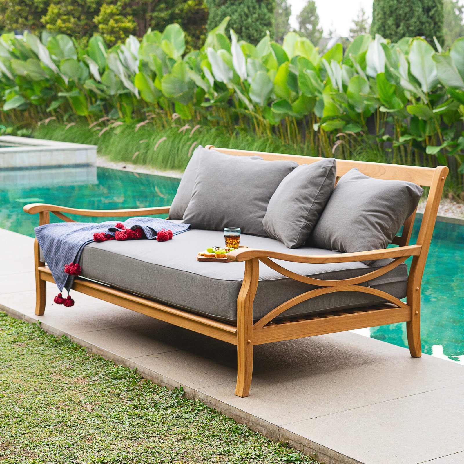 Abbington Teak Wood Patio Sofa Daybed with Gray Cushion