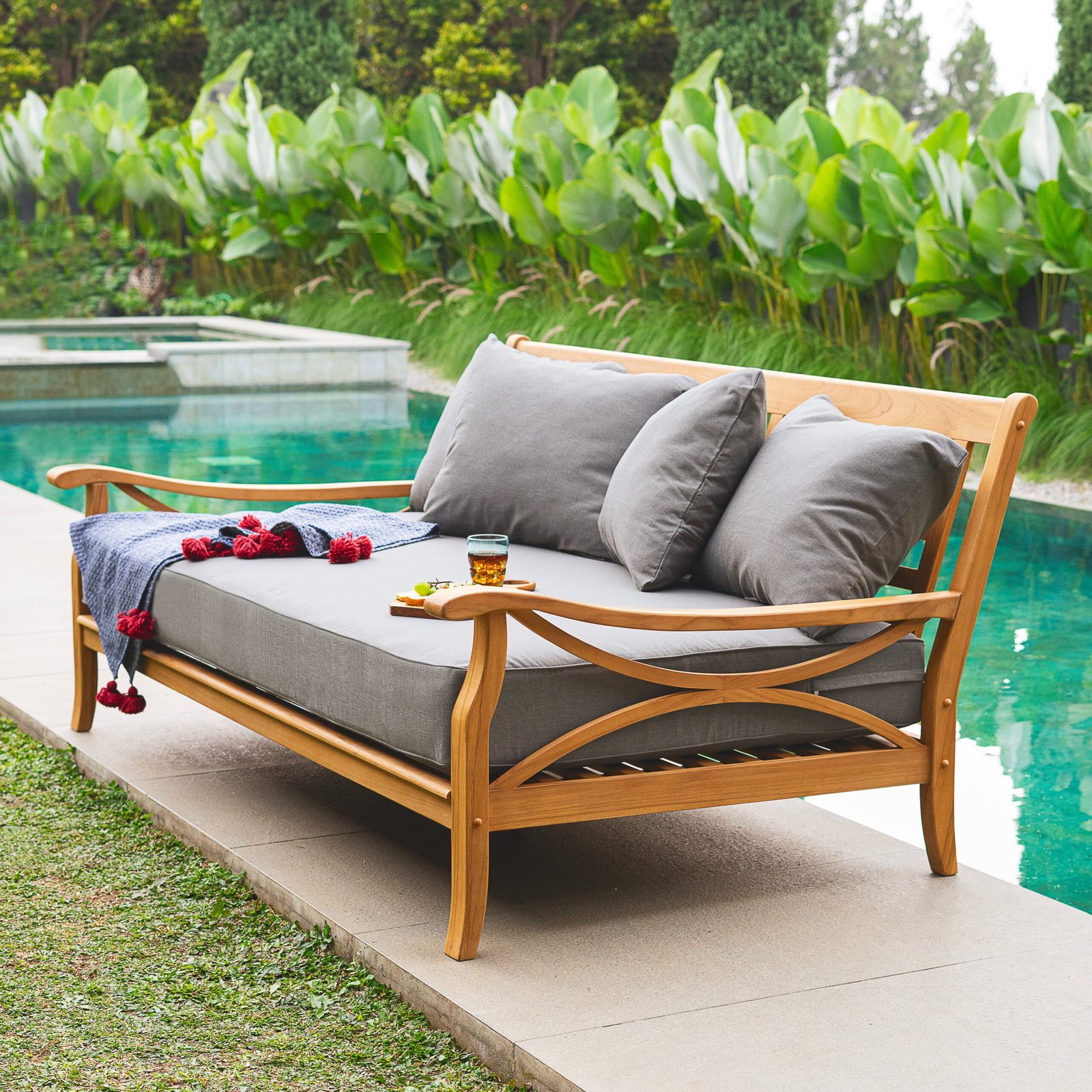 Abbington Teak Wood Patio Sofa Daybed with Gray Cushion - Image 2
