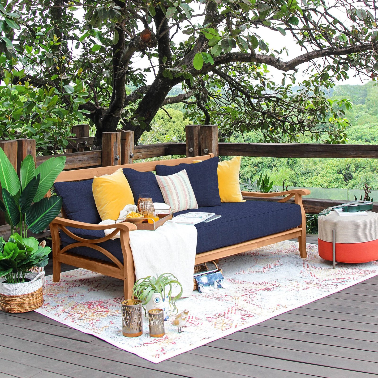 Abbington Teak Wood Patio Sofa Daybed with Navy Cushion - Image 3