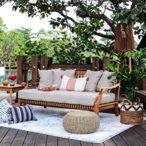 Mosko Teak Wood Outdoor Daybed with Beige Cushion