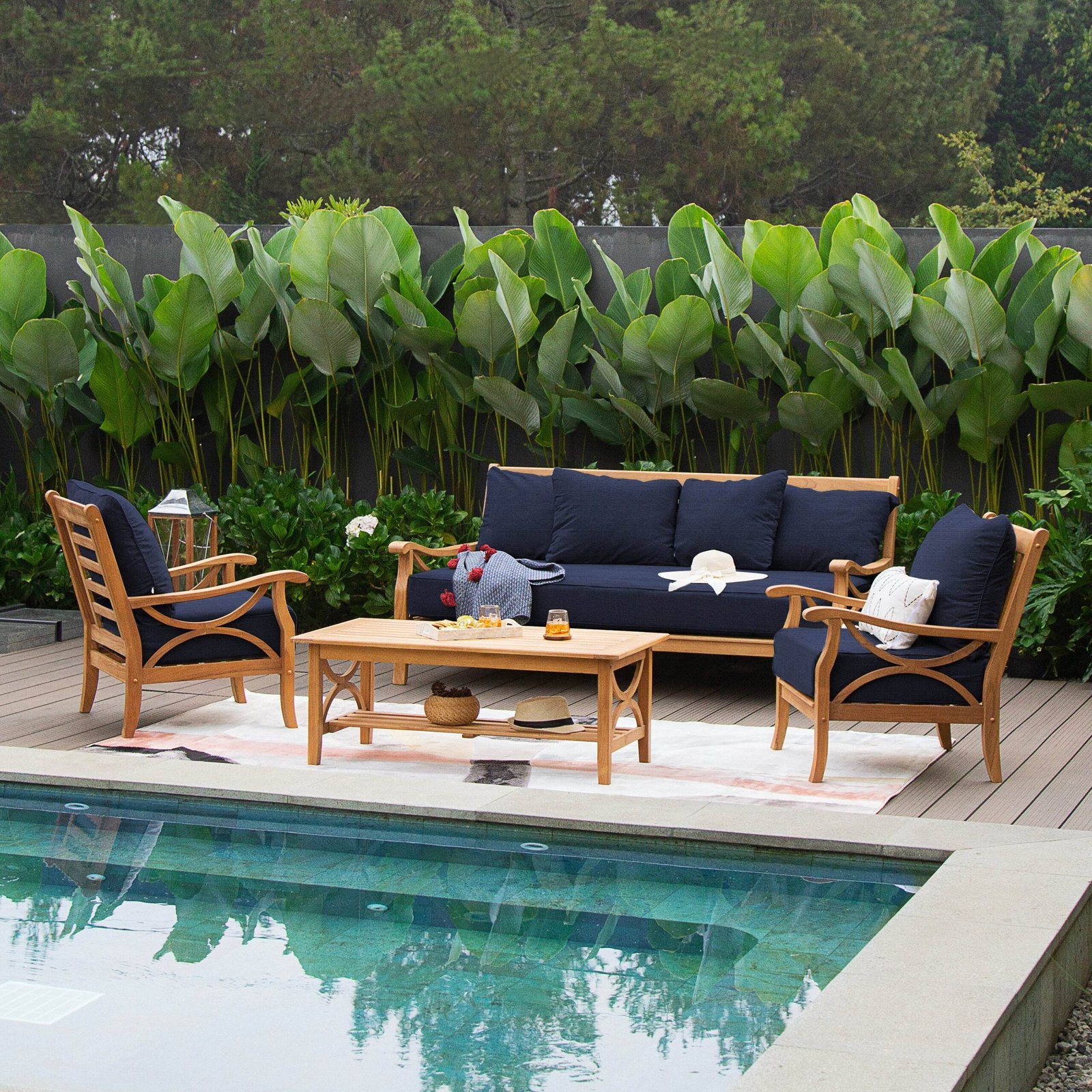Abbington Teak Wood Patio Sofa Daybed with Navy Cushion - Image 2